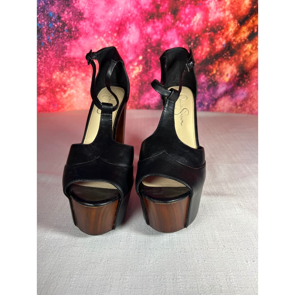 Jessica Simpson Black Leather T-Strap Platform Sandals Wood Block Heel Size 10M